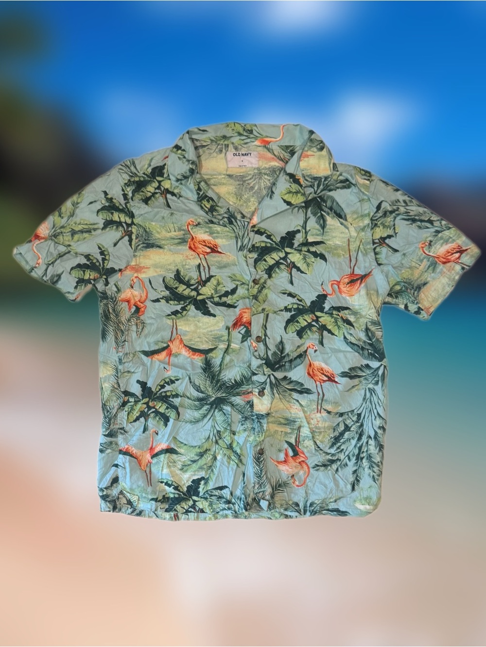 Old Navy Men’s Size Medium Green Hawaiian Floral Button-Up Shirt Short Sleeve